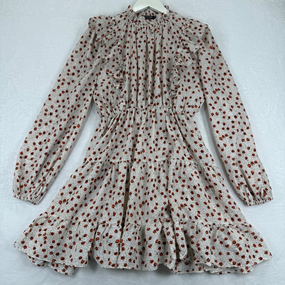 Nasty Gal Collection Floral‎ Ruffle Mini Dress Size 6 Orange Cream Long Sleeve